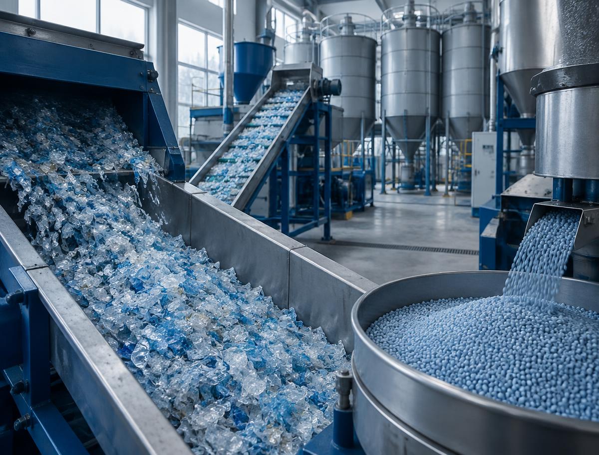Plástico reciclado procesado en la planta para convertirlo en nueva materia prima
